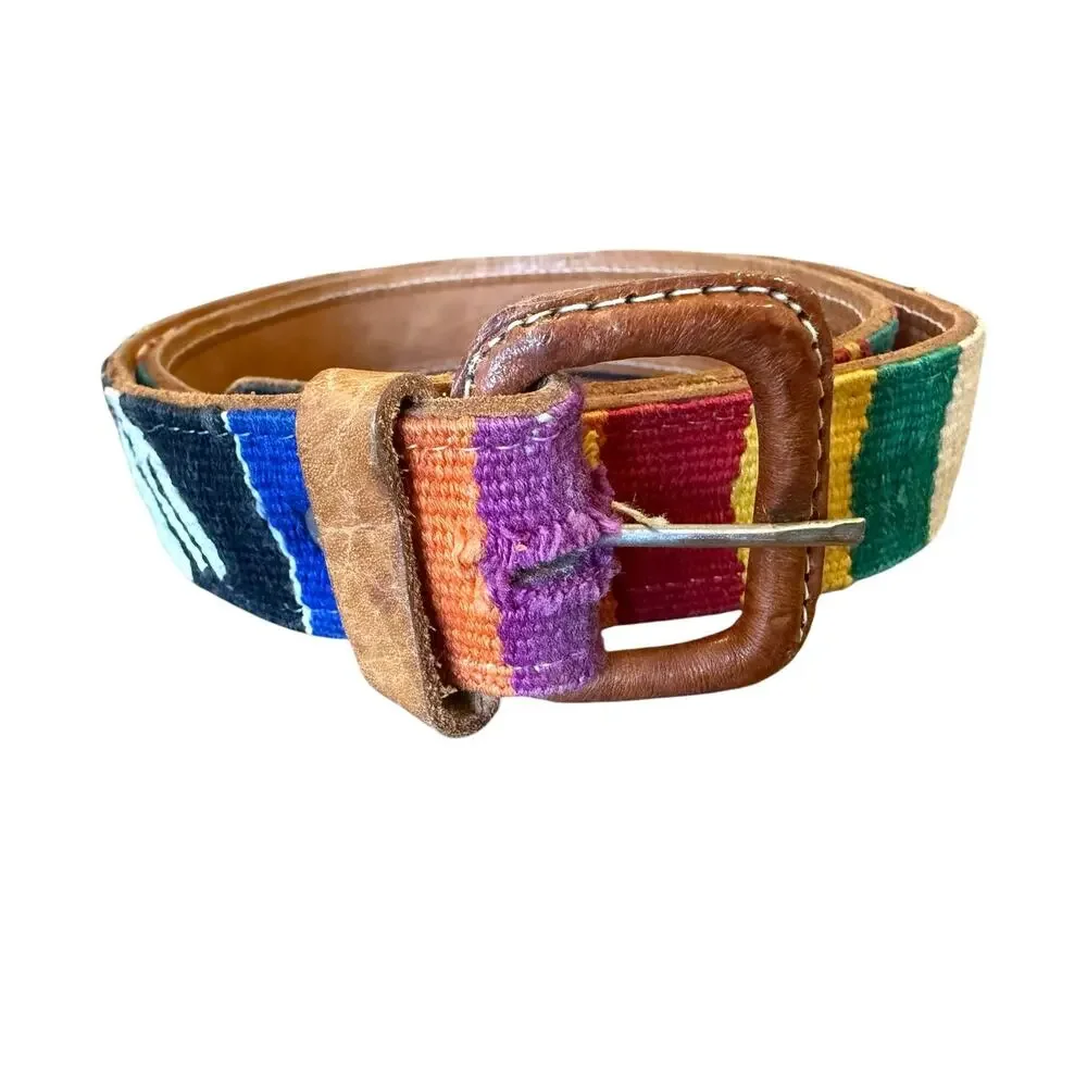 Vintage Tapestry Leather Colorful Woven Guatemalan Belt Women 30-34 inch